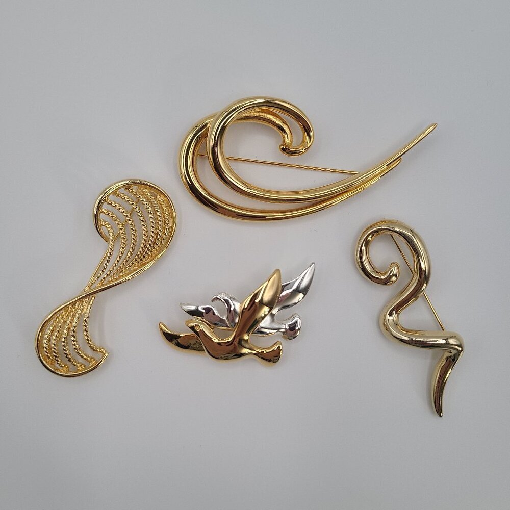 Brooch Pins Gold Tone Swirls - Birds Doves Silver Tone - Lot of 4